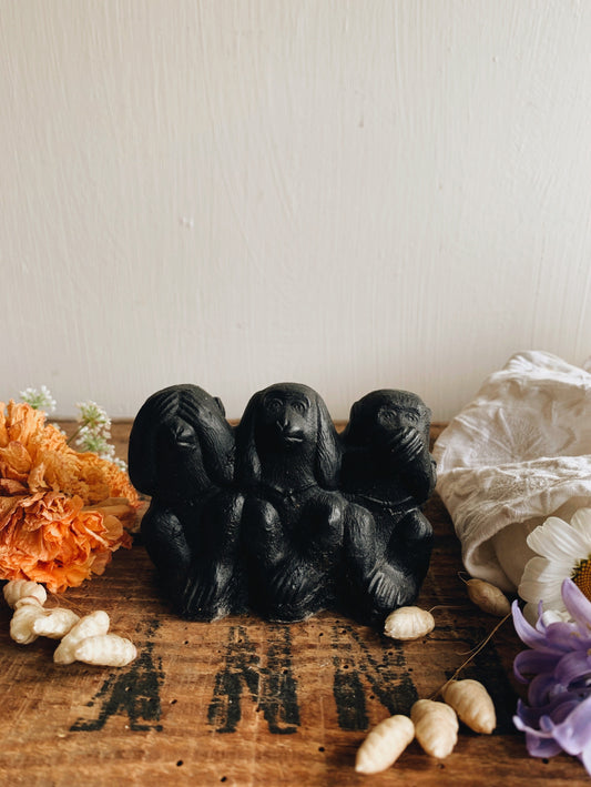 Vintage Hand carved Three Wise Monkeys ~ Coal Ornament
