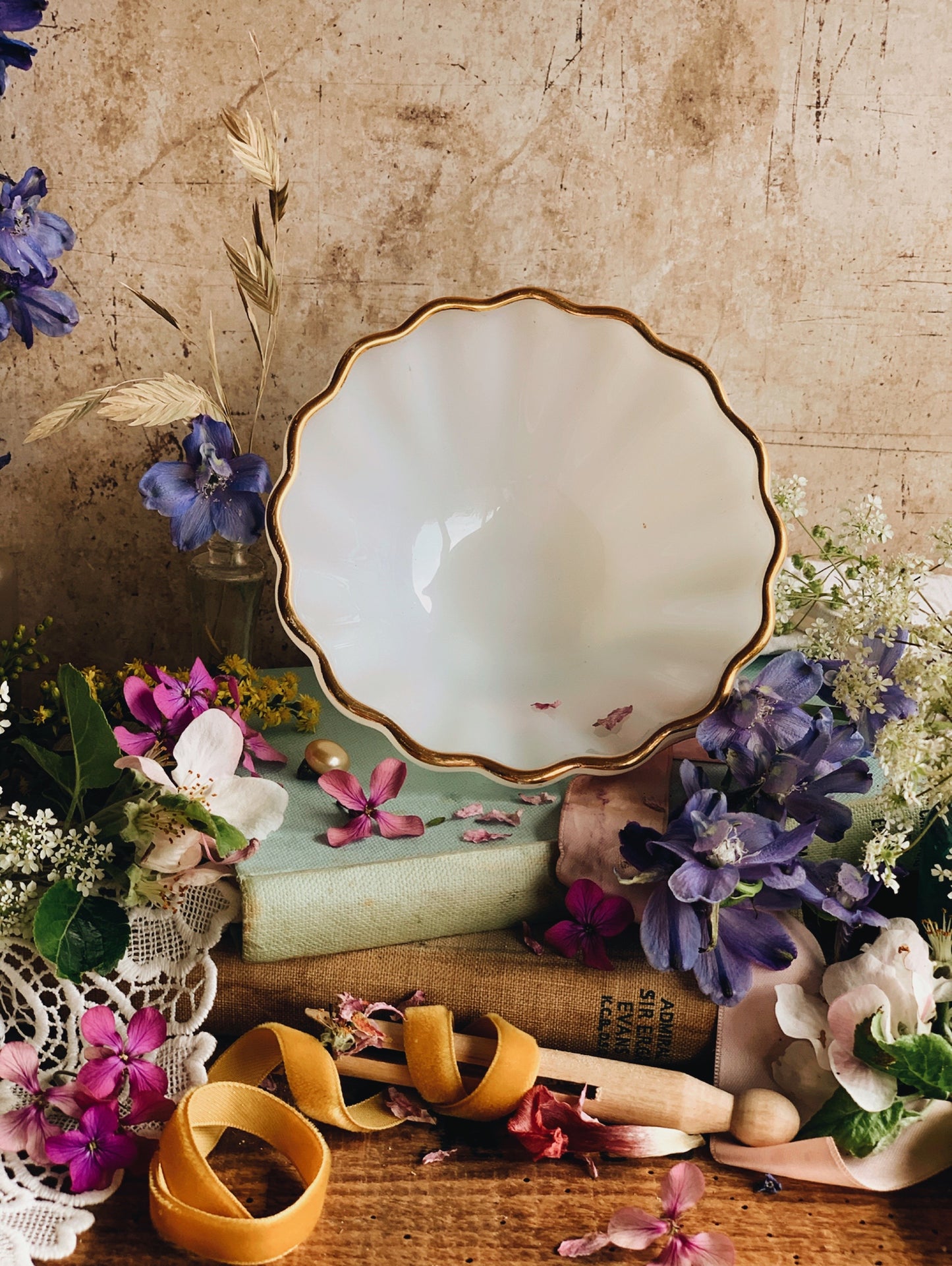 Vintage French White Glass with Gilt Detailing Scalloped Bowl