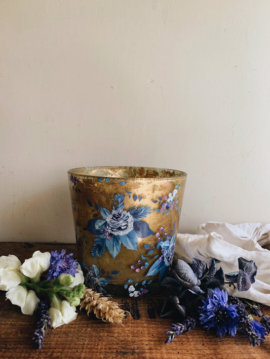 Vintage Glass Blue & Gold Floral Planter