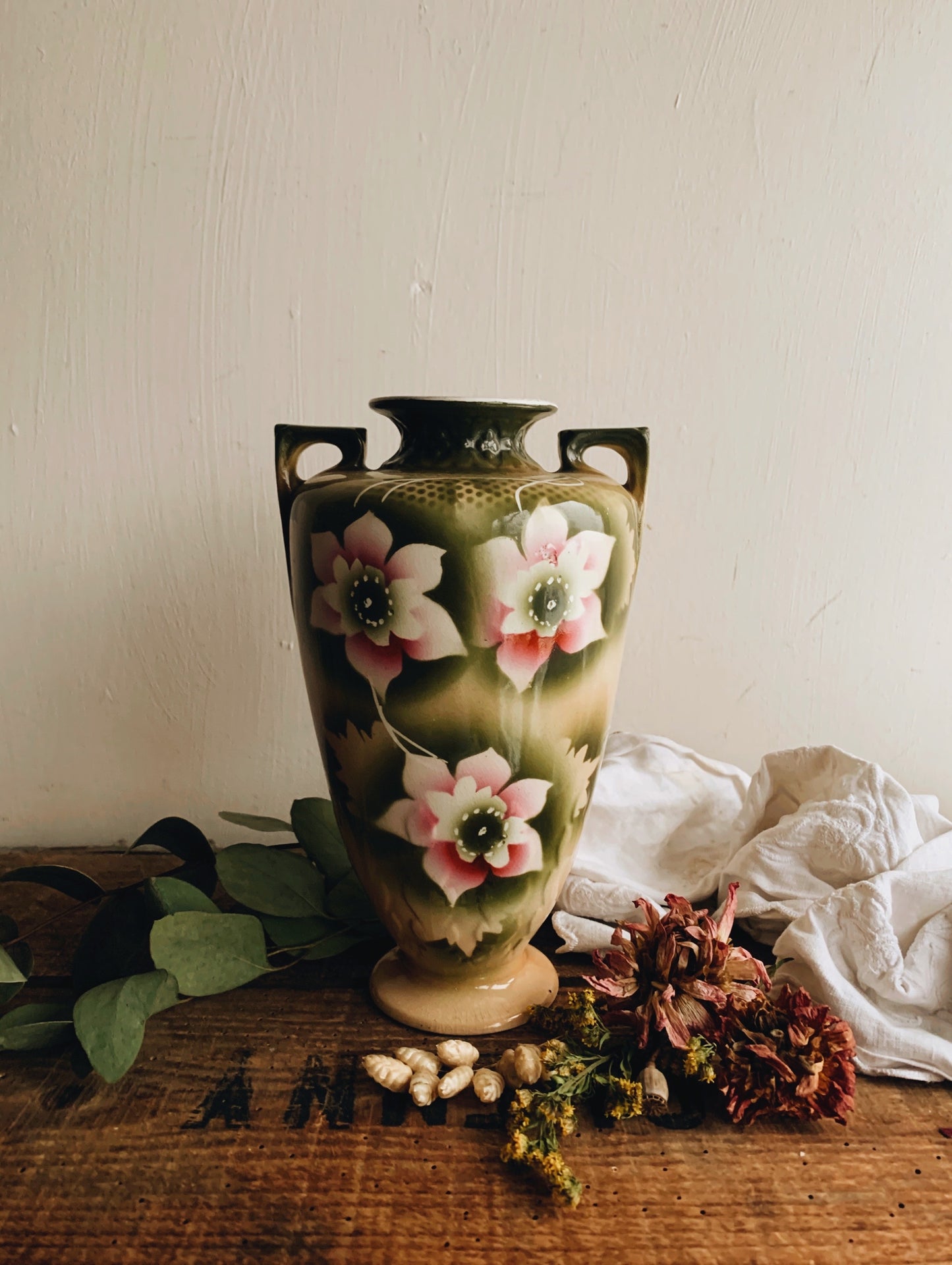 Vintage Floral Green Urn Vase