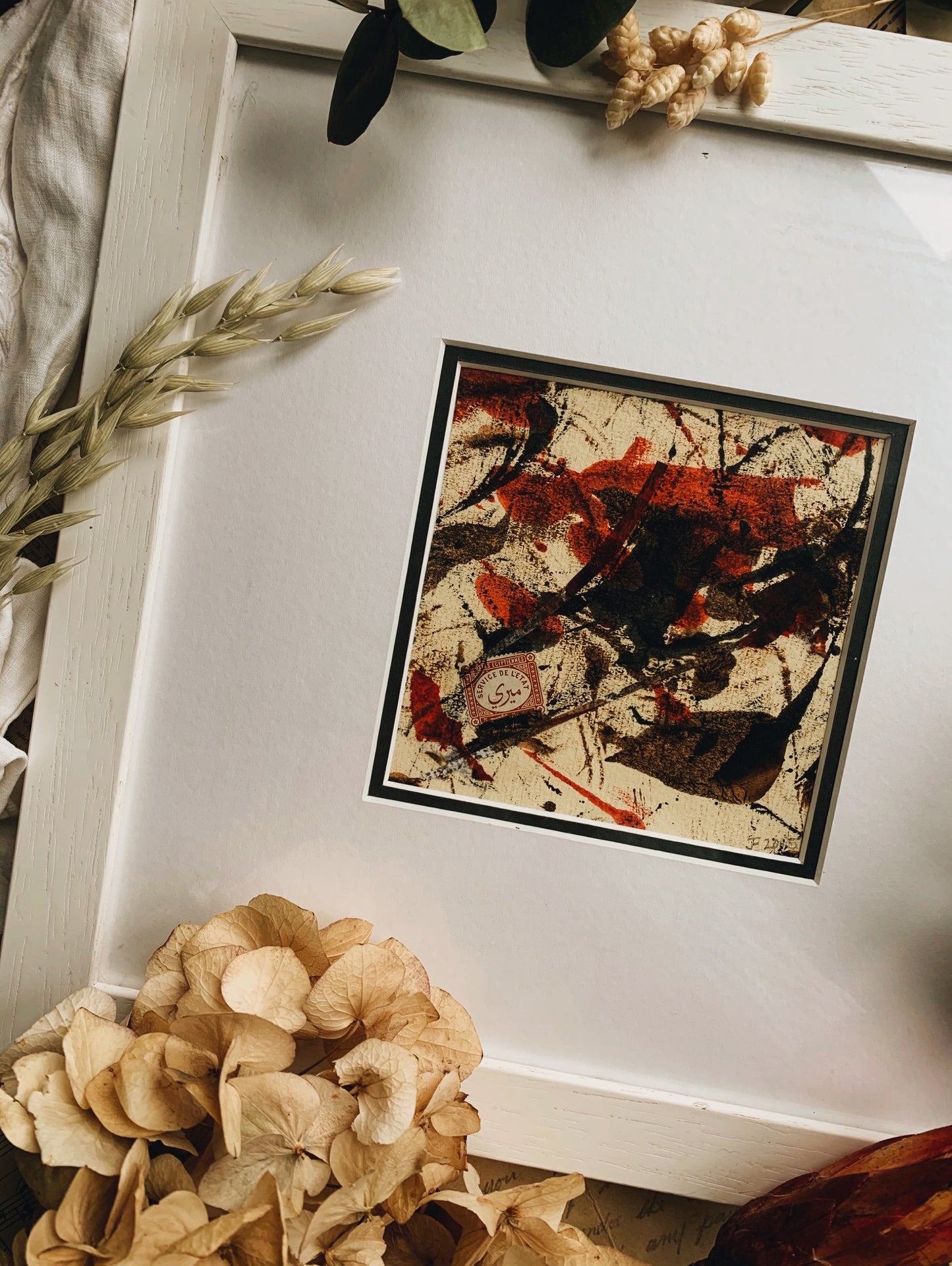 Contemporary Abstract Egyptian Stamp Themed Artwork in Frame ~ mixed media signed by the artist (UK shipping only)