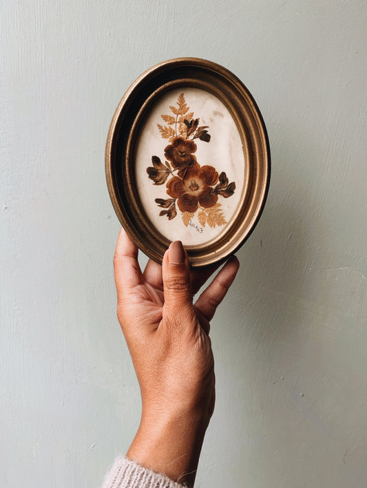 Vintage Pressed Dried Florals In Oval Frame