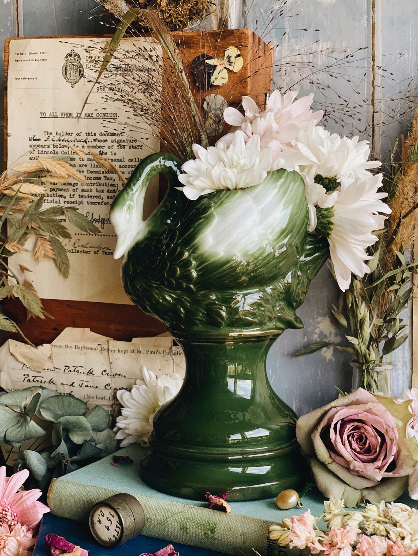 Antique Swan Green Vase with Gilt Detailing
