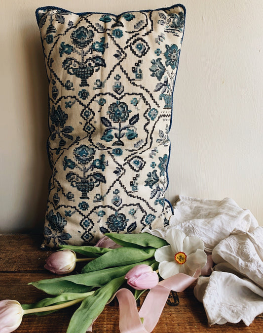 Vintage Blue Decorative Cushions with Velour Back (two available UK SHIPPING ONLY)