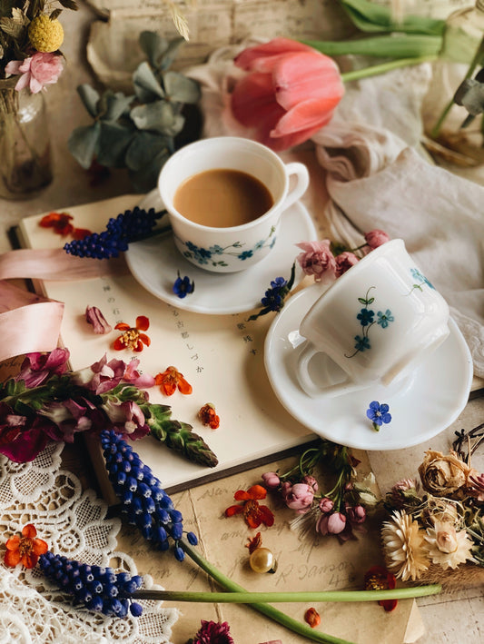 Vintage French Milk Glass Forget~me~not Cup & Saucer Set (four available sold separately)