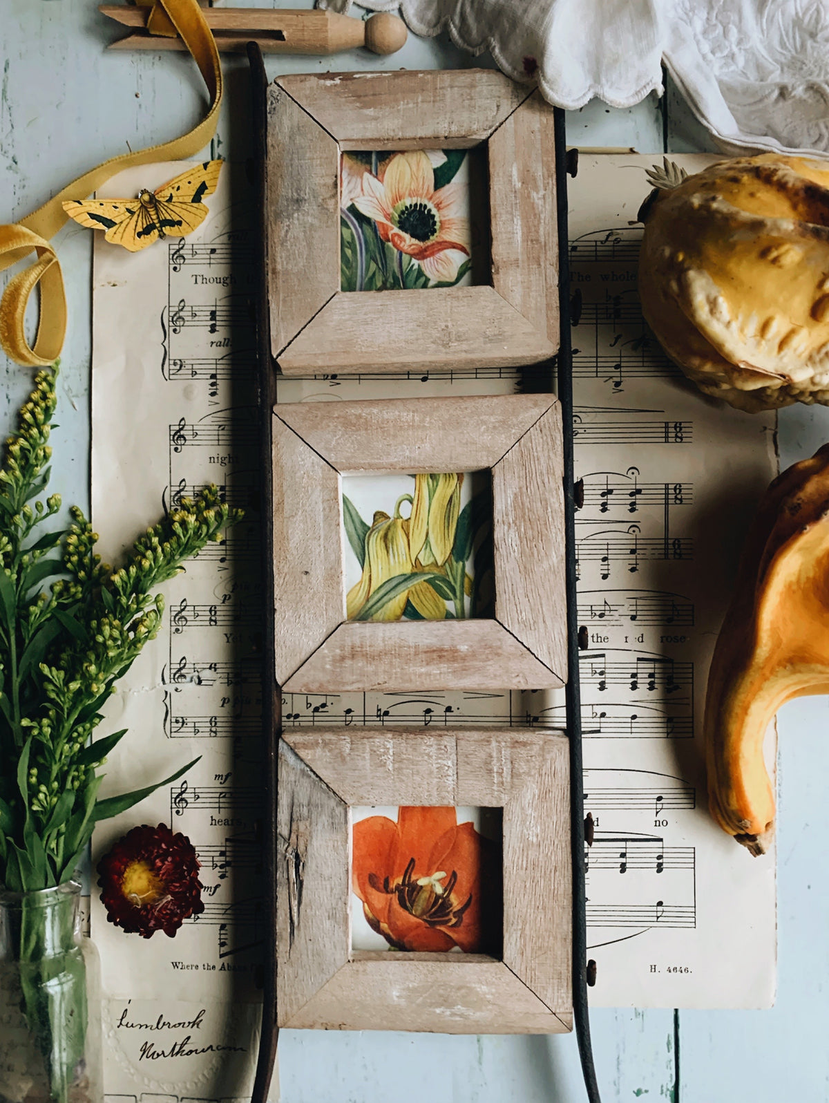 Rustic Wooden & Metal Frames with Three 1960’s Floral Book Prints (UK SHIPPING ONLY)