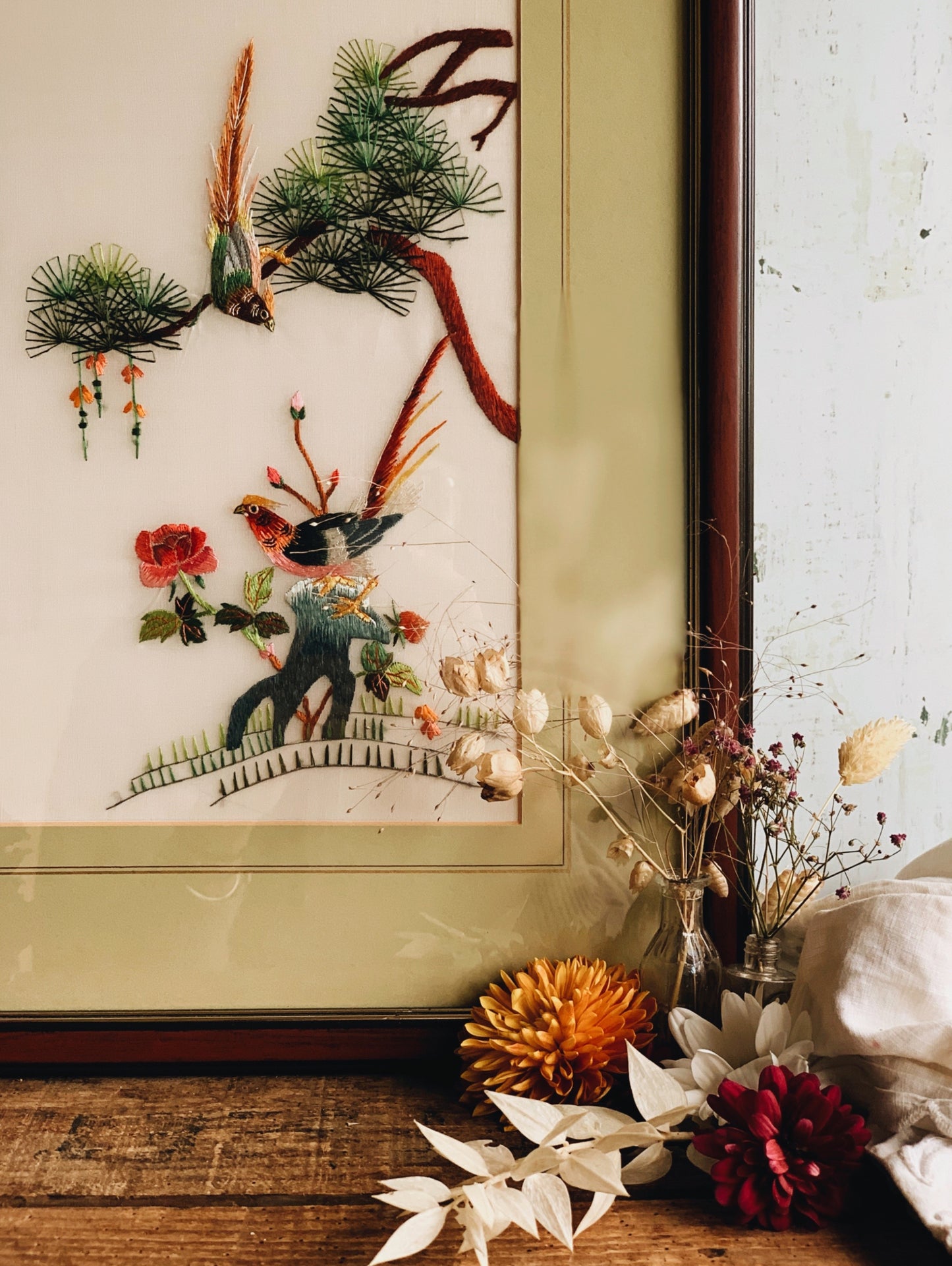 Large Vintage Silk Embroidery Paradise Bird Framed (UK SHIPPING)