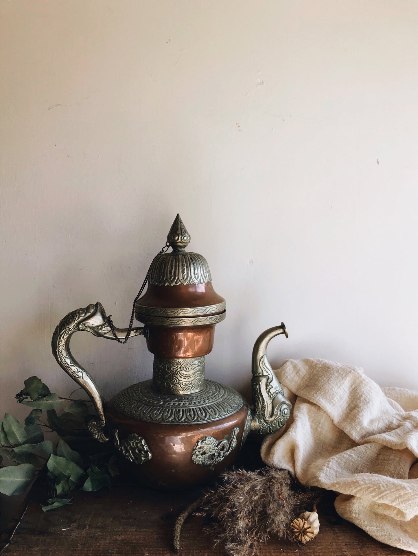 Antique Extra Large Copper & Brass Decorative Coffee Pot - Stone & Sage 