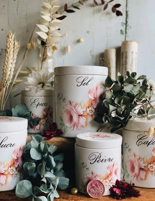 Vintage French Set of Five Camellia Ceramic Kitchenalia Storage Pots (UK SHIPPING ONLY)