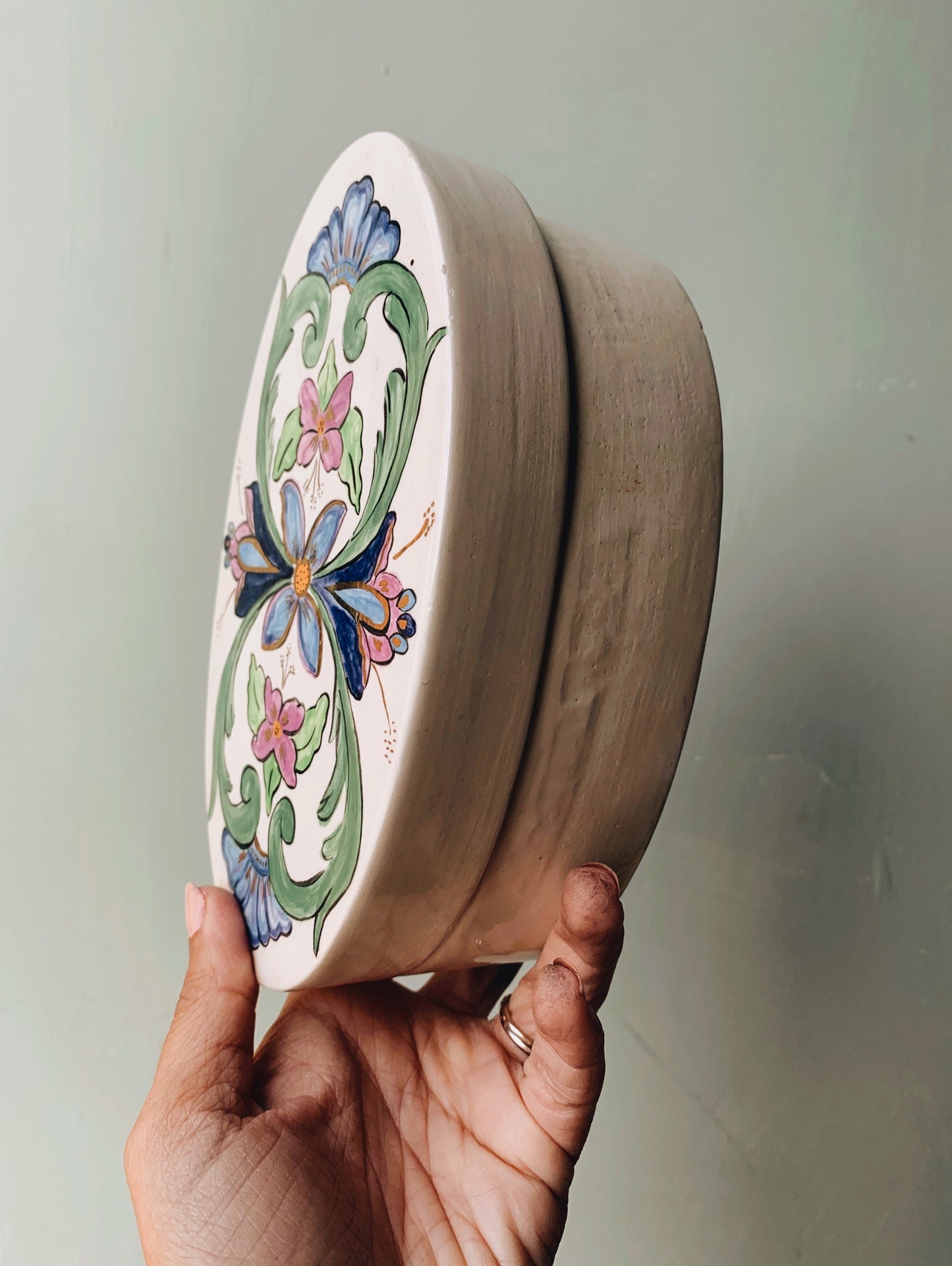 Vintage Hand~painted Floral Decorative Ceramic Dish with Lif