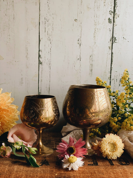 Two Vintage Decorative Etched Odd Goblets