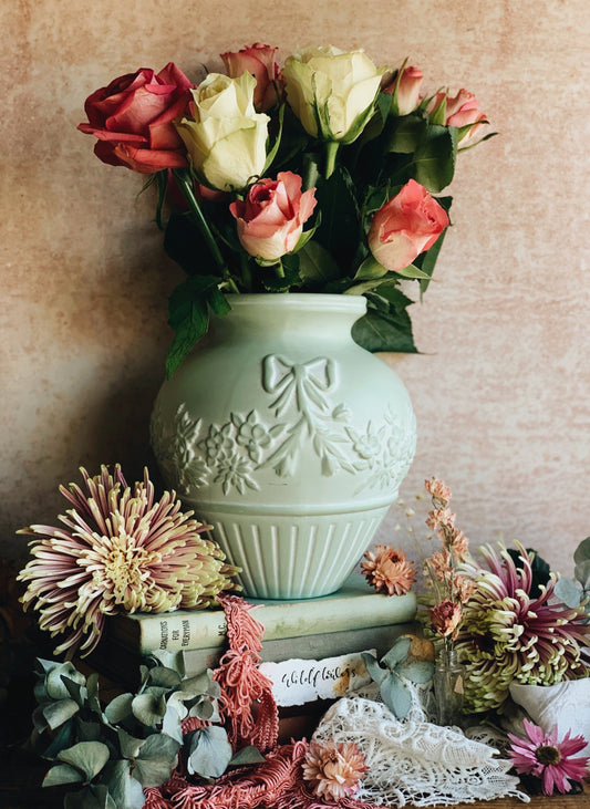 Vintage Green Bow & Floral Ceramic Vase