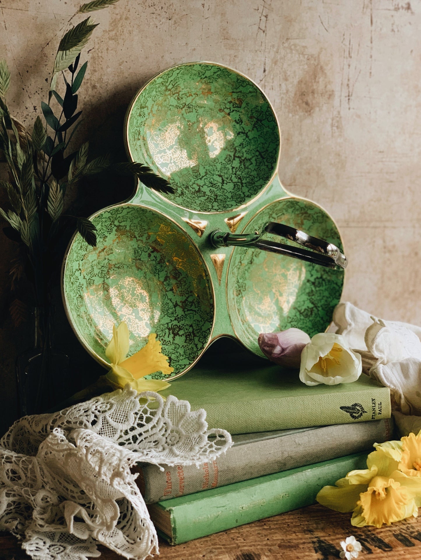 Vintage Green Floral & Gilt Staffordshire Dish (UK SHIPPING)