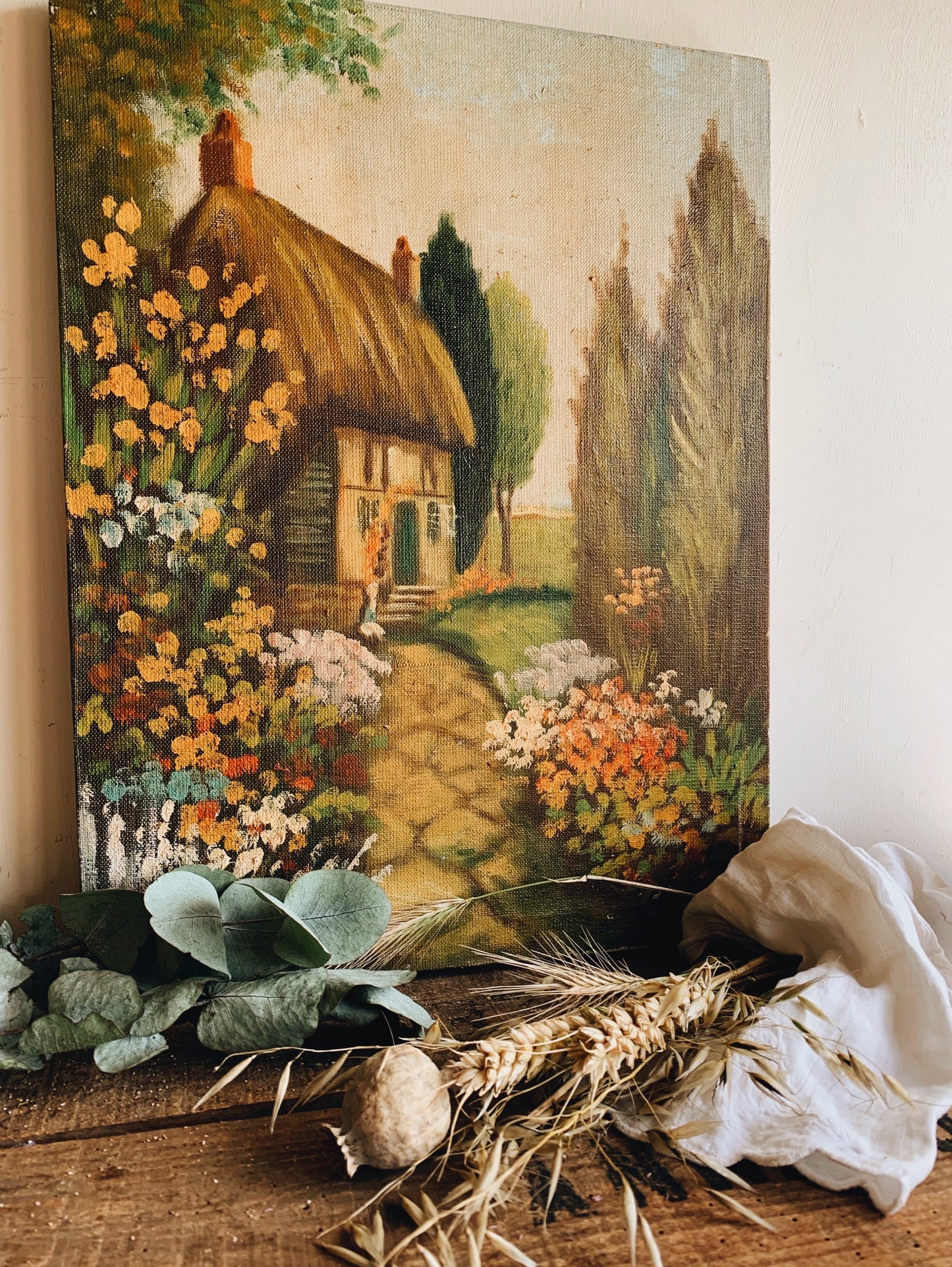 Vintage 1970’s Cottage Oil Painting on Canvas