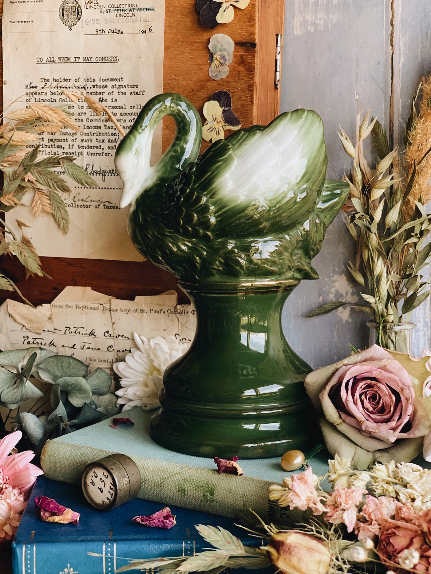 Antique Swan Green Vase with Gilt Detailing