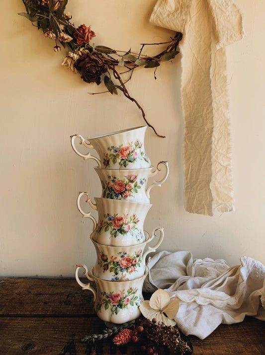 Vintage 1950’s Royal Albert Moss Rose Bone China Cups (five available & sold separately)