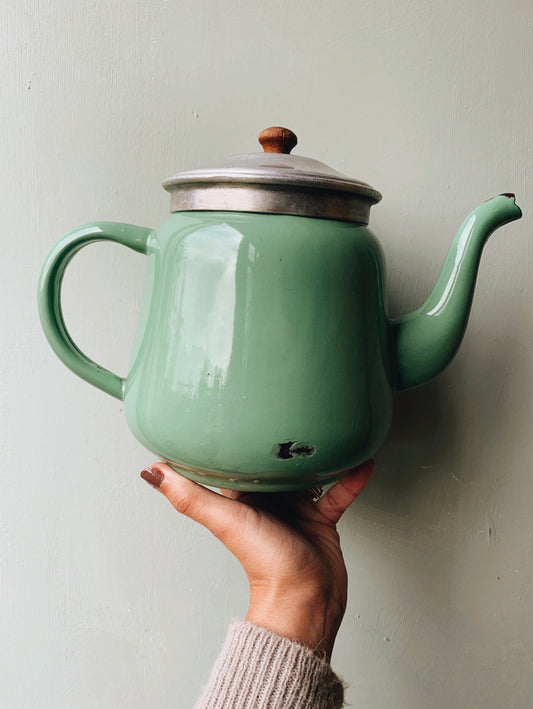 Rustic Vintage Green Enamel Teapot