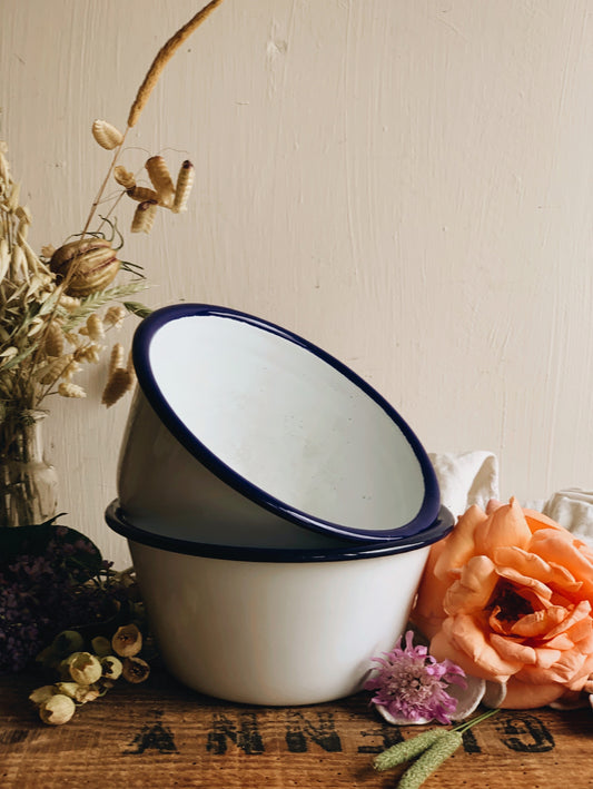 Vintage White & Blue Enamel Bowl (two available and sold separately)