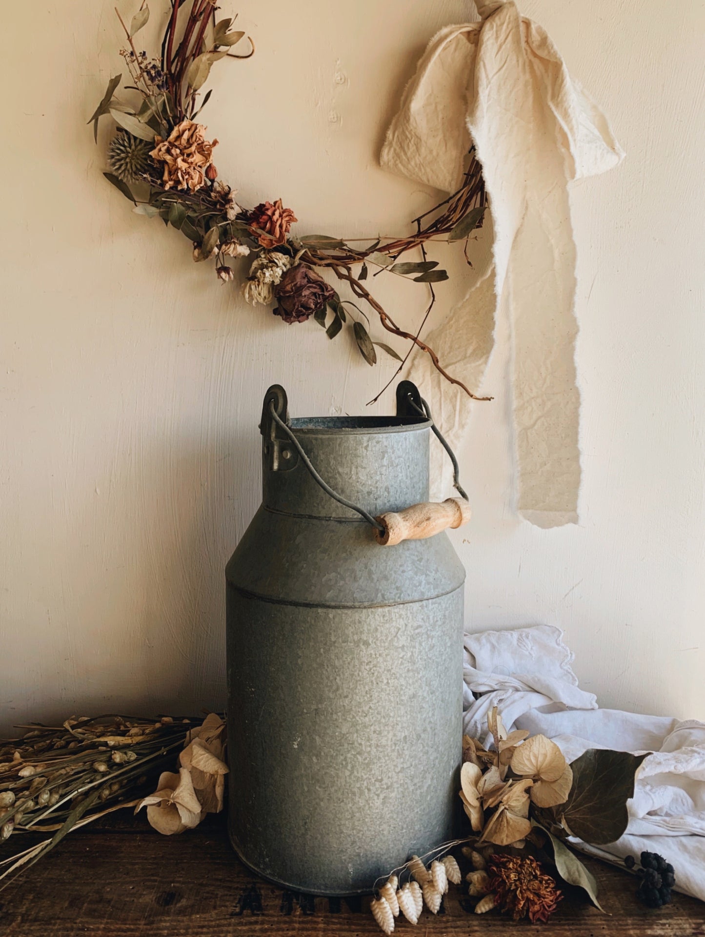 Vintage Rustic Milk Churn with Wooden Handle