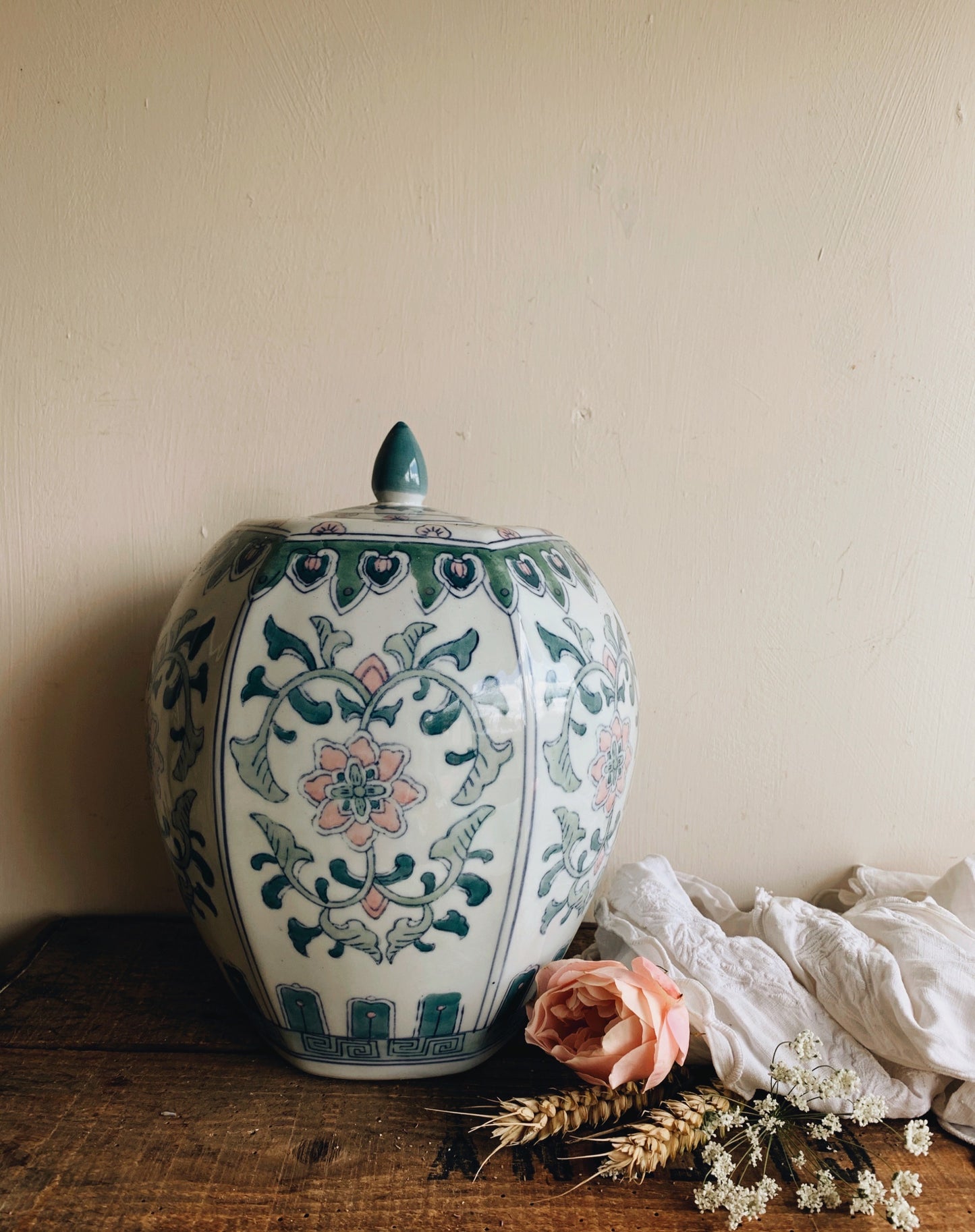 Large Antique Oriental Pink & Green Decorative Vase & Lid