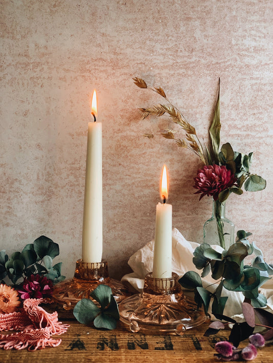 Two Vintage Peach Glass Candle Holders