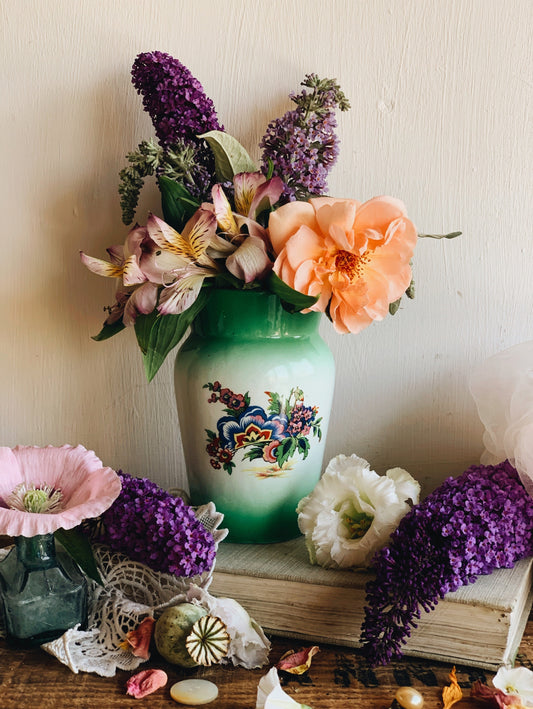Vintage Folksy Green Floral Vase