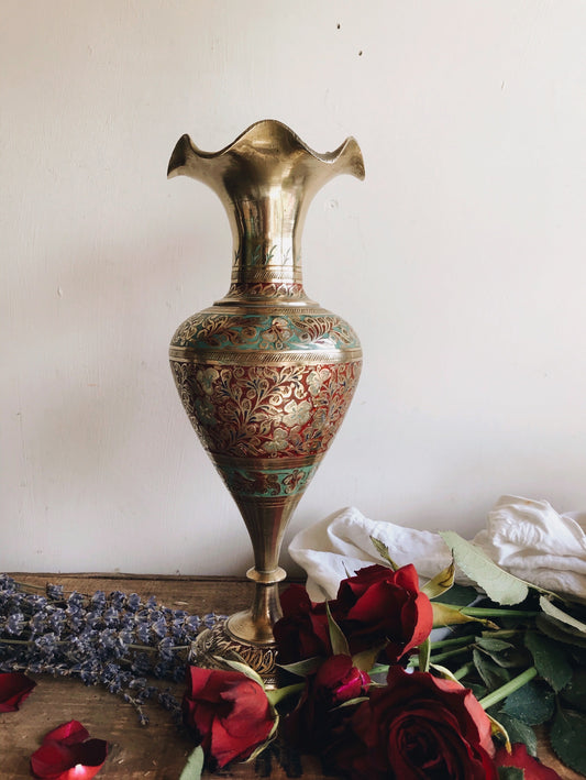 Large Vintage Hand~painted Decorative Brass Vase