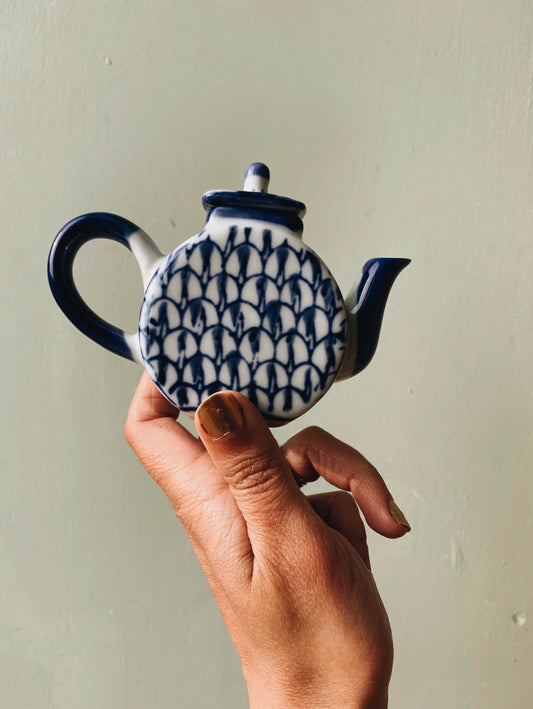 Vintage Miniature Blue & White Teapot