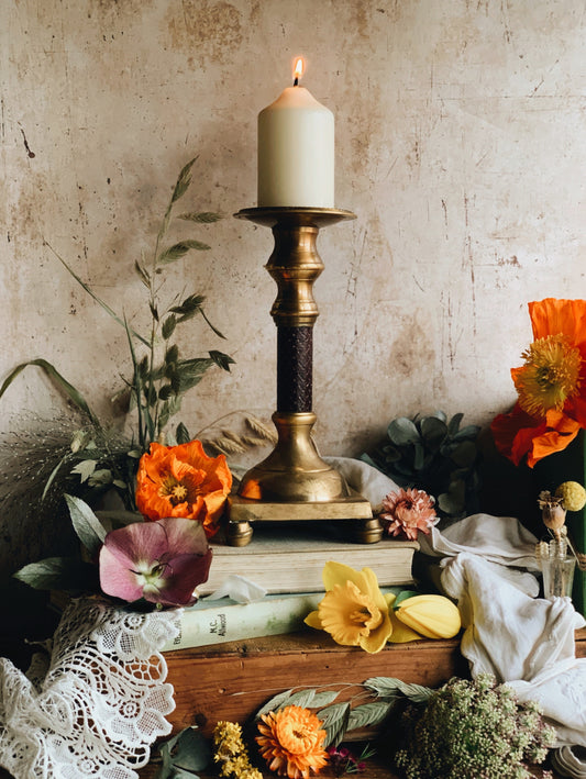 Large Vintage Brass Candle Holder with Leather Handle