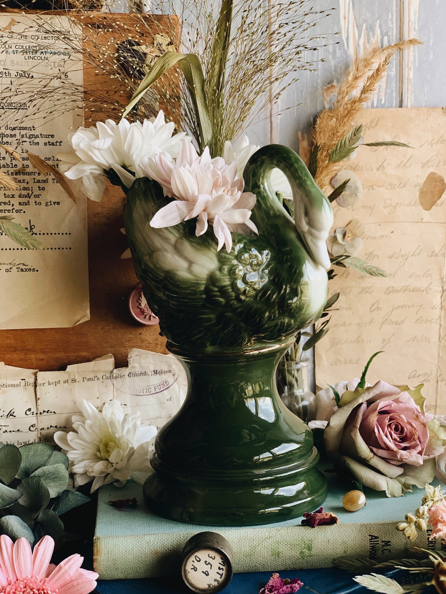 Antique Swan Green Vase with Gilt Detailing