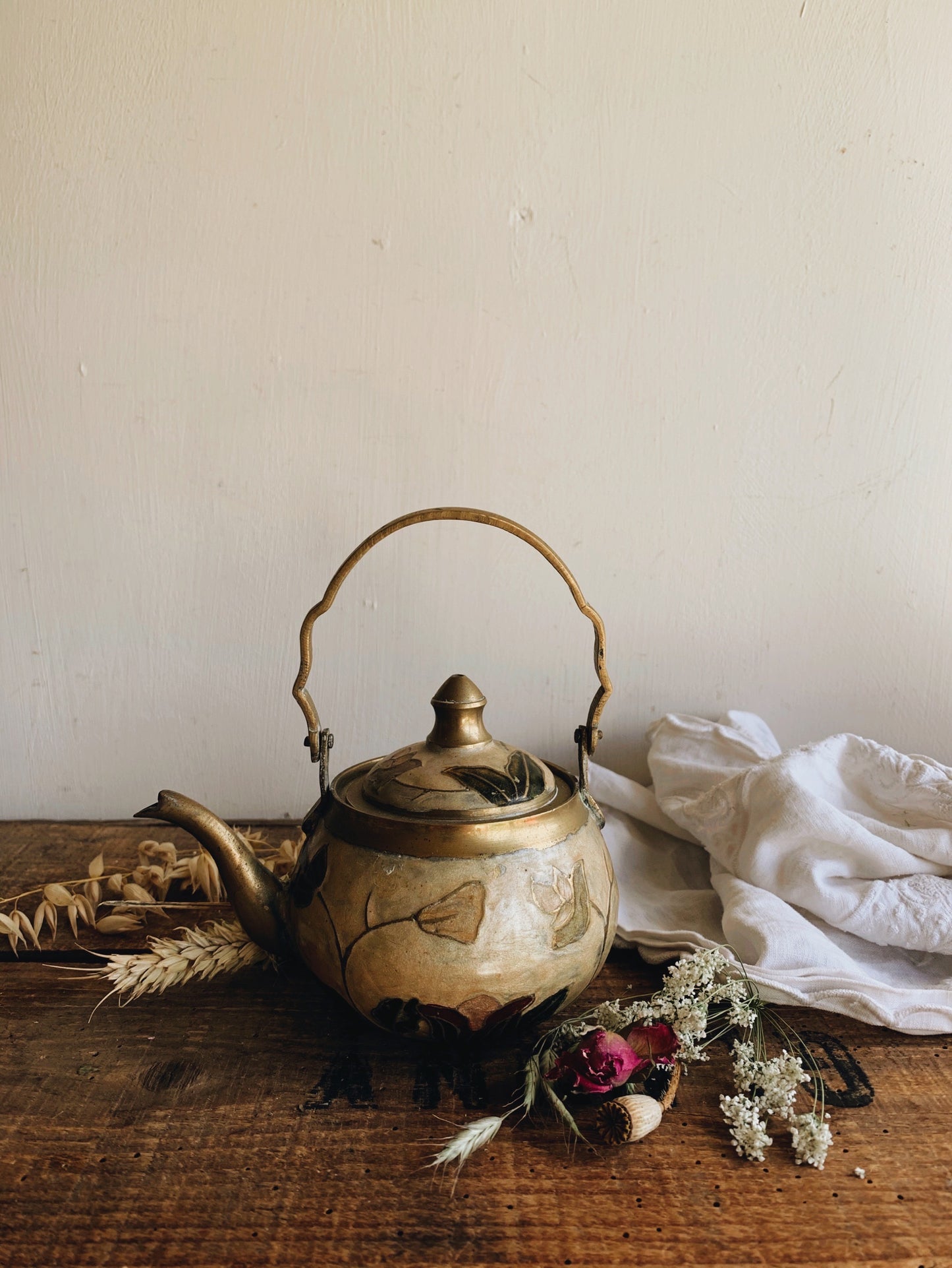 Vintage Brass Enamel Hand~painted Teapot