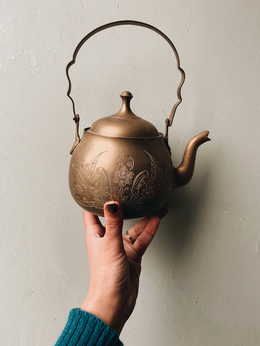 Vintage Brass Floral Etched Teapot