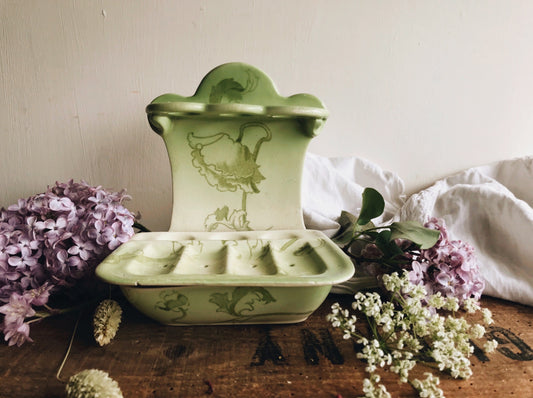 Antique French Green Floral Ceramic Soap Dish & Toothbrush Holder