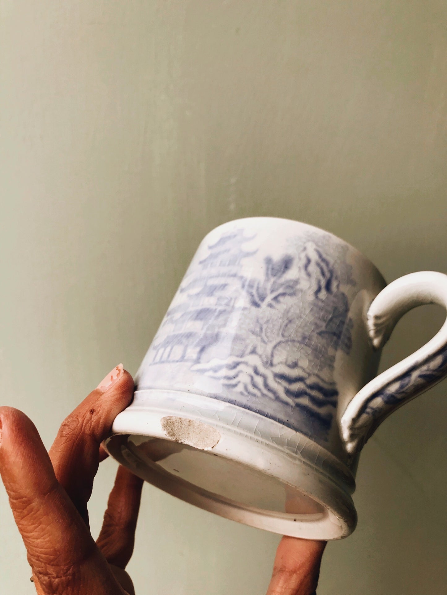 Antique Ceramic Blue and White Decorative / Narrative Mug