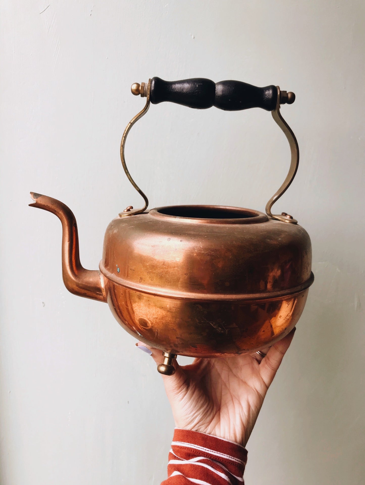 Vintage Copper & Brass Teapot with Wooden Handle (no lid) - Stone & Sage 