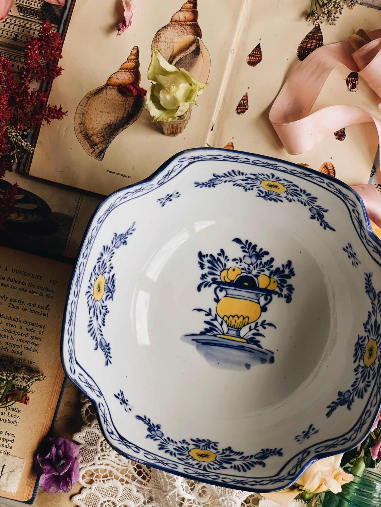 Rustic Hand~painted European Blue & Yellow Large Bowl