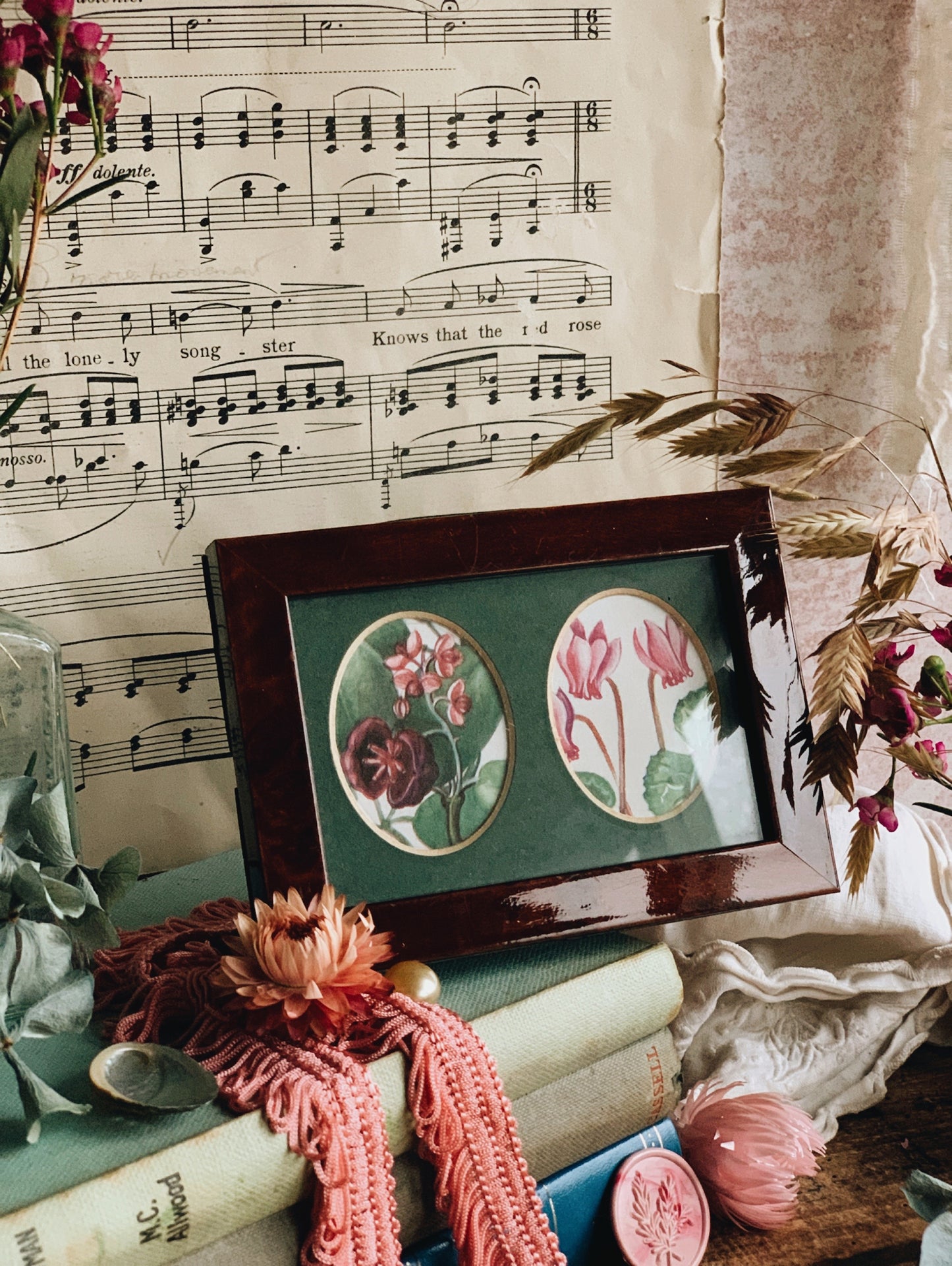 Vintage Wooden Double Framed with Two 1960’s Floral Bookplates