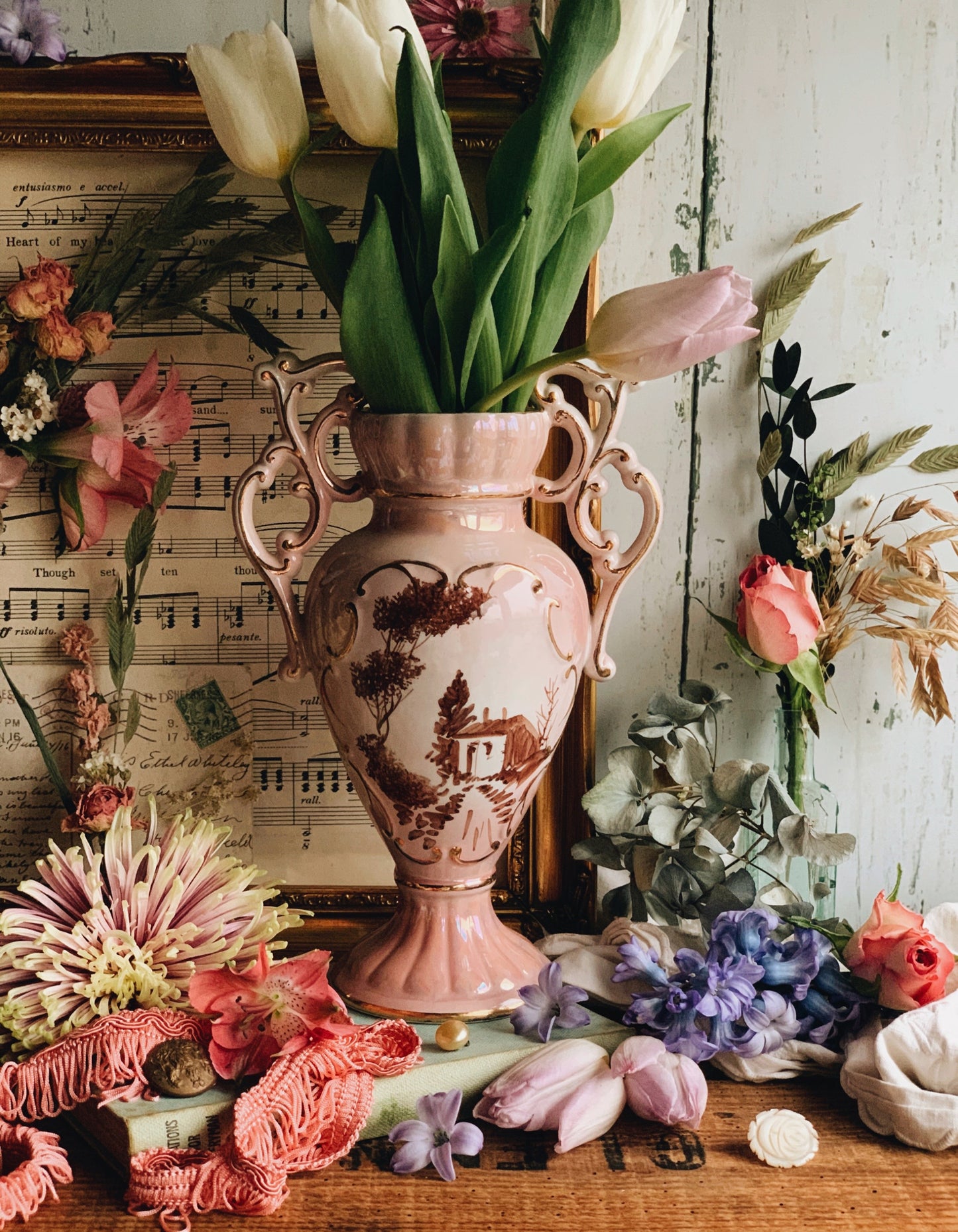 Vintage Pink Iridescent Rocco Style Narrative Vase