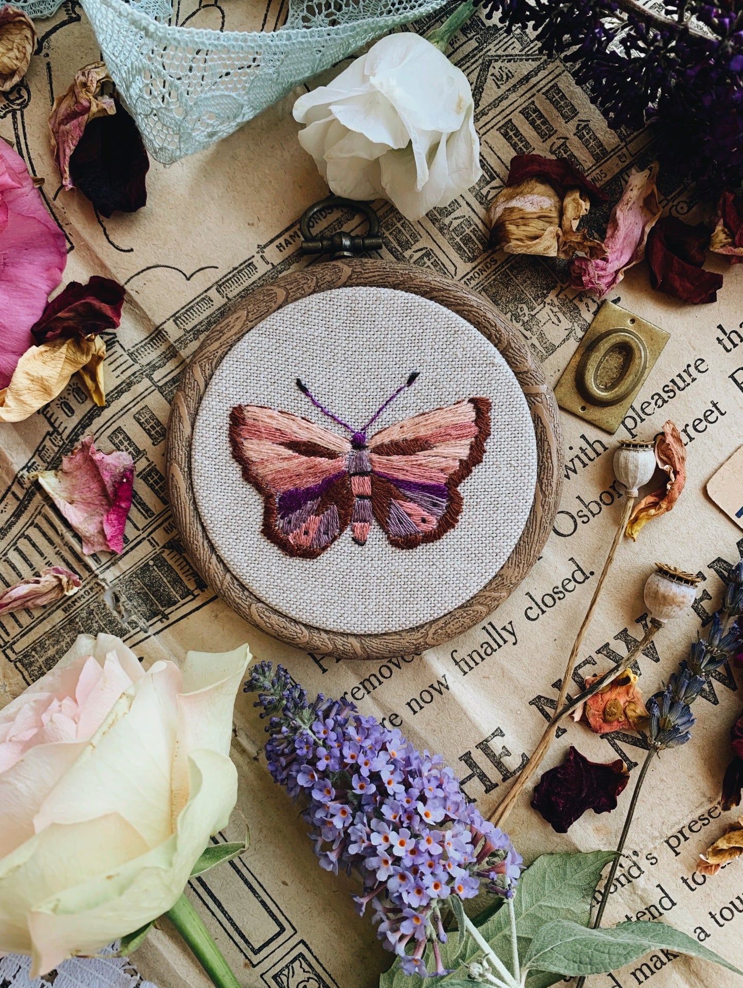 Vintage Butterfly Embroidery Hoop / Hanging