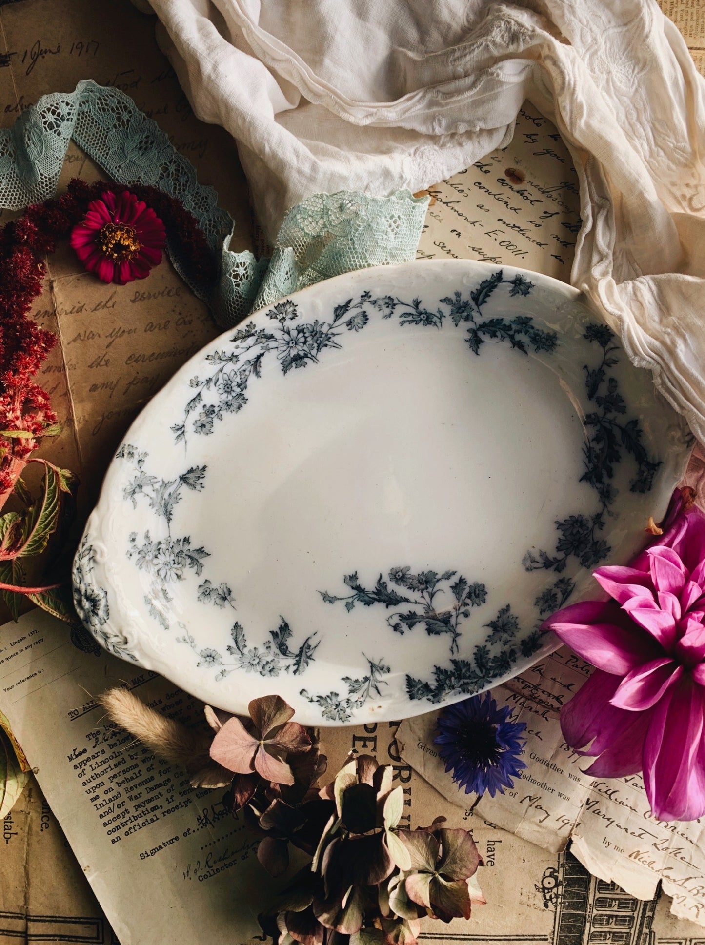 Antique Porcelain Ford Sandon Blue Floral Dish