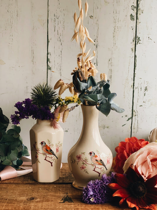 Two Vintage Bird Palissy Ceramic Posy Vases