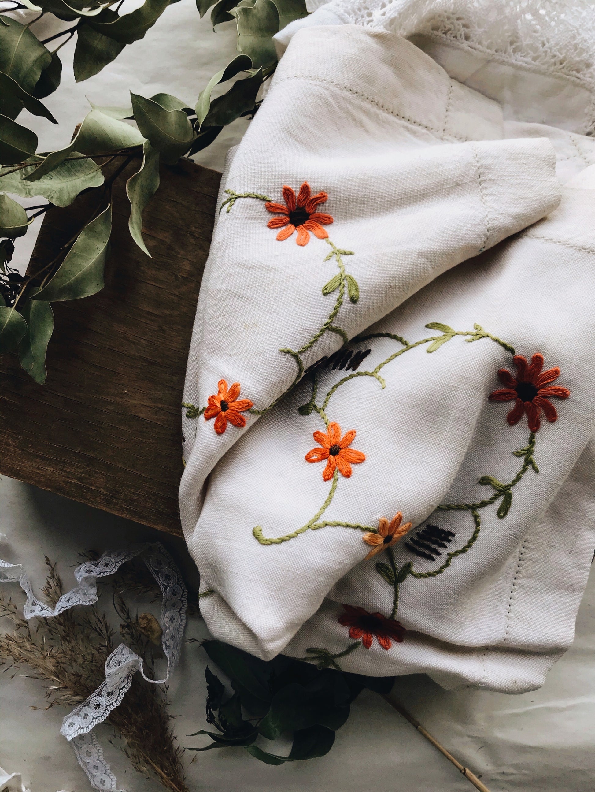 French Floral and Decorative Embroidery Orange Linen - Stone & Sage 