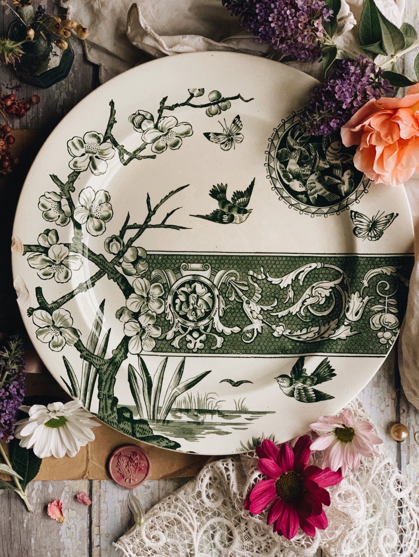 Rare 1800’s Antique R.H.S Pandora Birds & Bloom Green Plate
