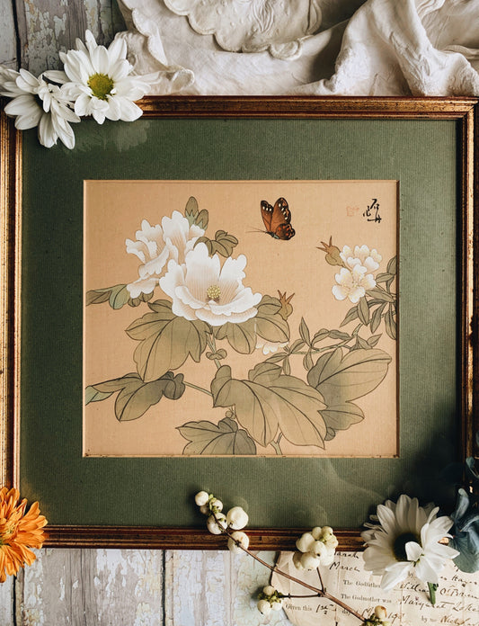 Two Vintage Signed / Stamped Oriental Butterfly Floral Artwork in Frames (UK SHIPPING ONLY)