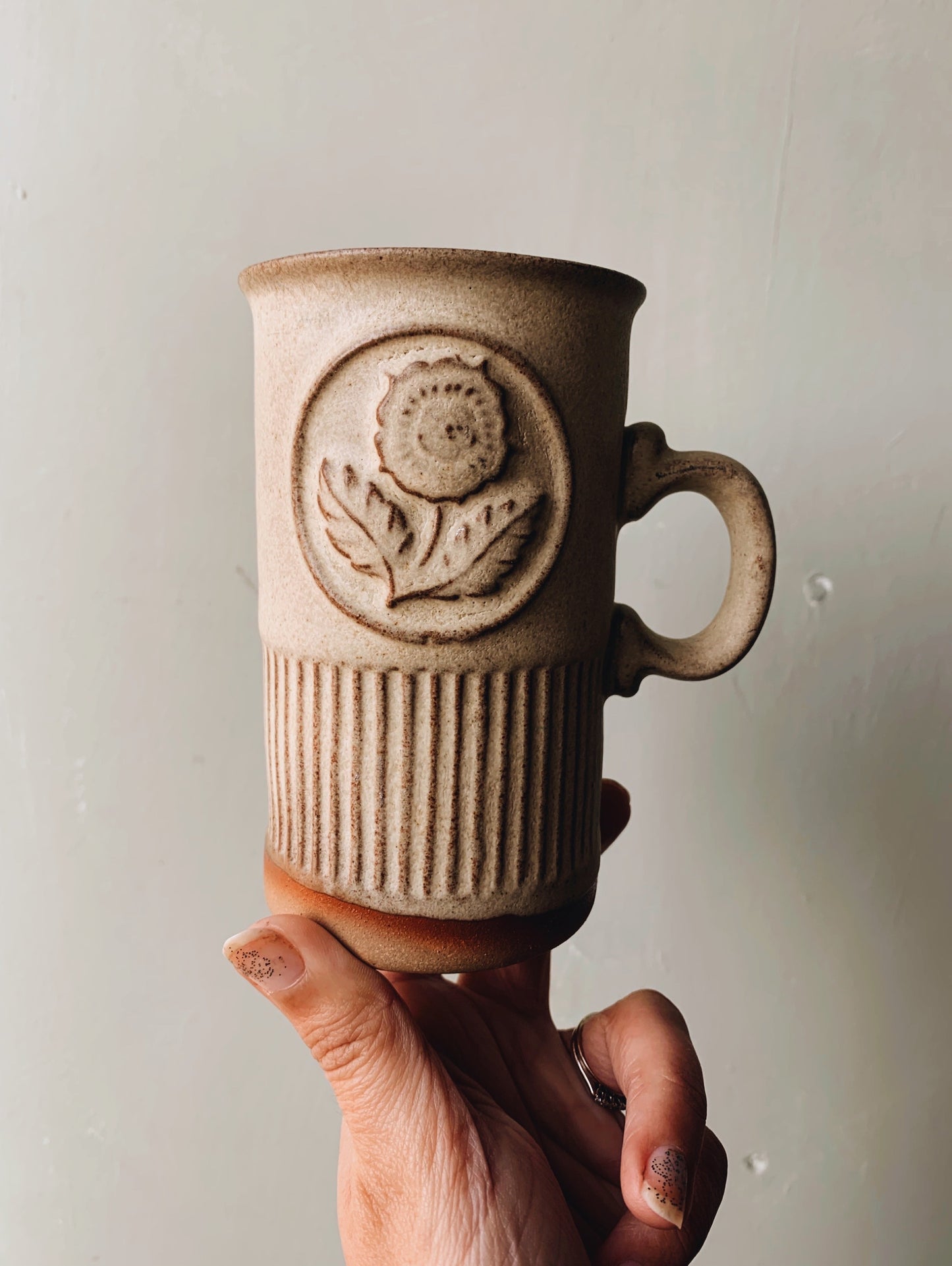 Rustic Hand~thrown Floral Relief Long Cup