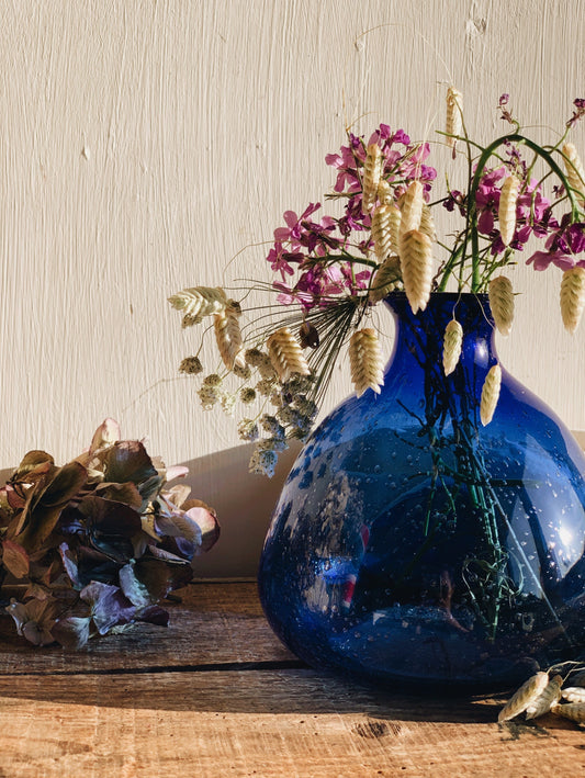Vintage Cobalt Blue Speckle Bubble Bulb Vase