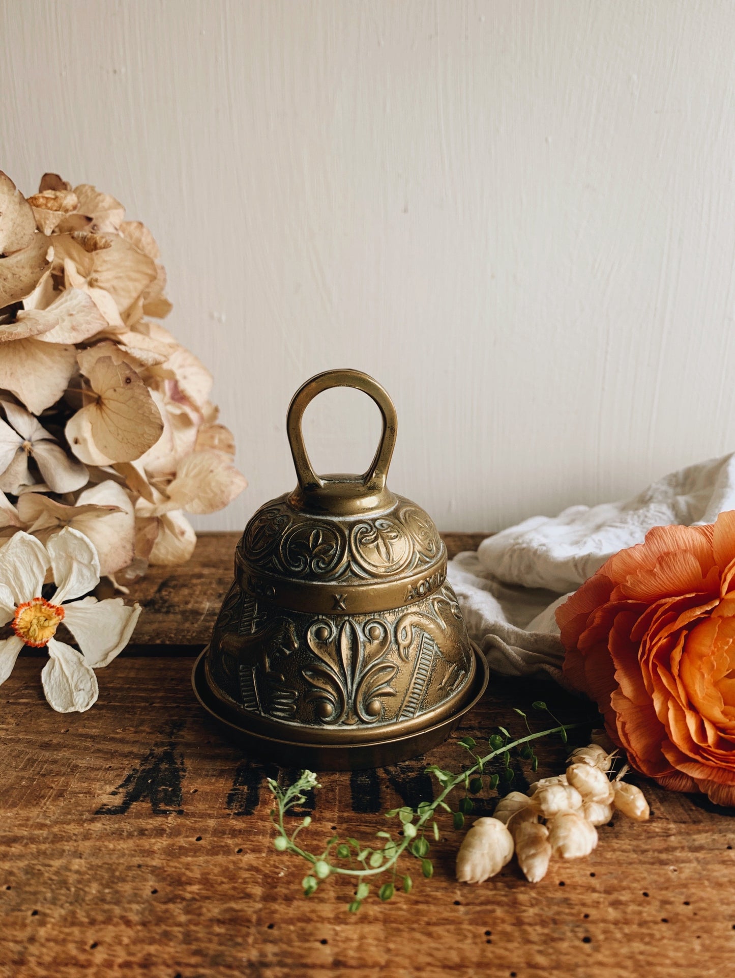 Vintage Brass Narrative Bell with Decorative Dish