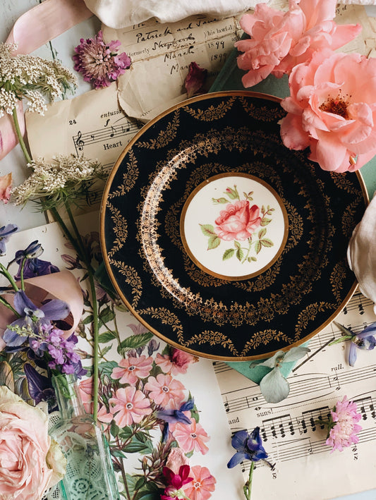 Vintage Black & Gilt Rose Plate
