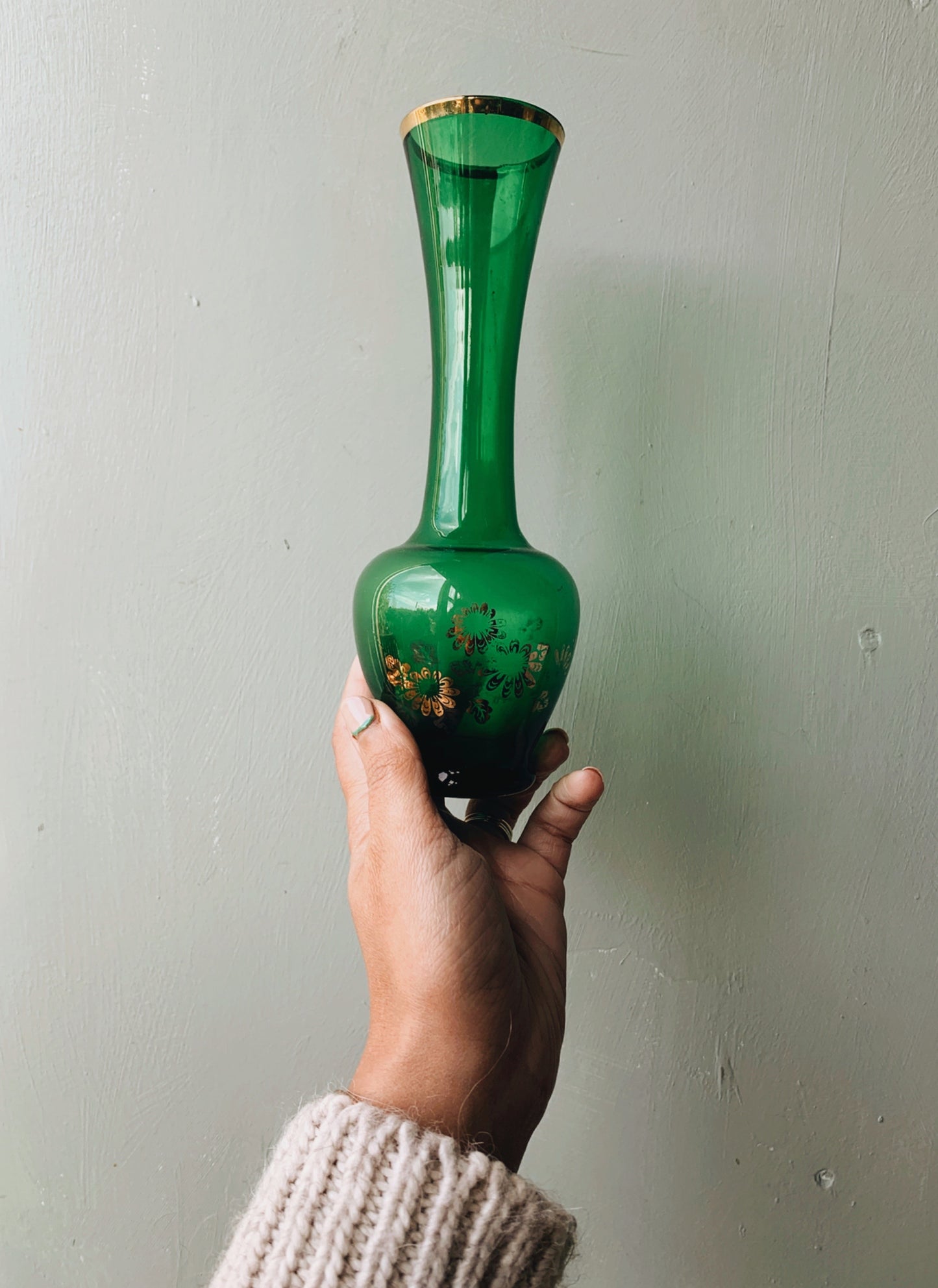 Vintage Mid-century Green with Gilt Floral Detailing Glass Vase