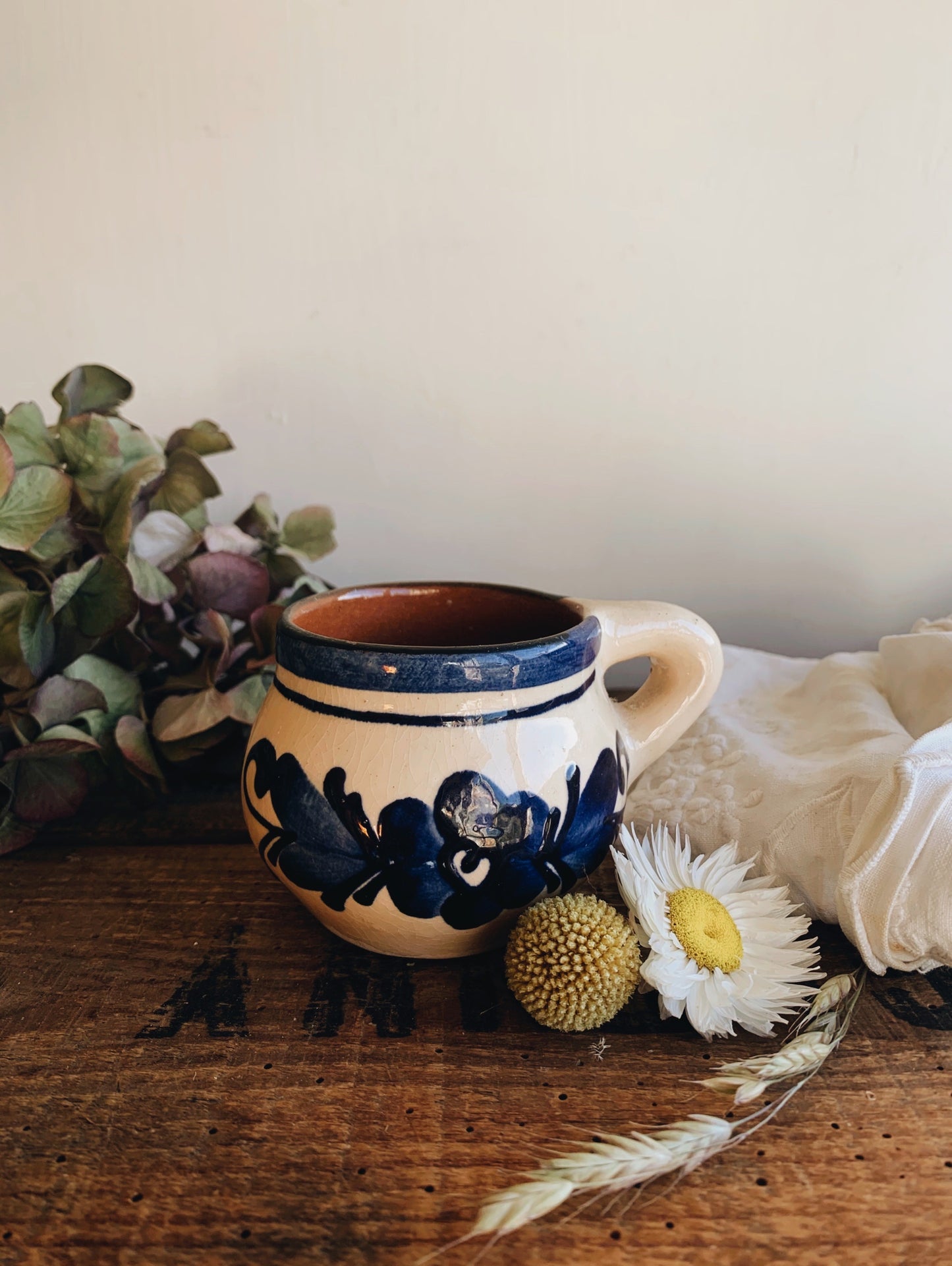 Rustic Hand~painted Floral Terracotta Cup